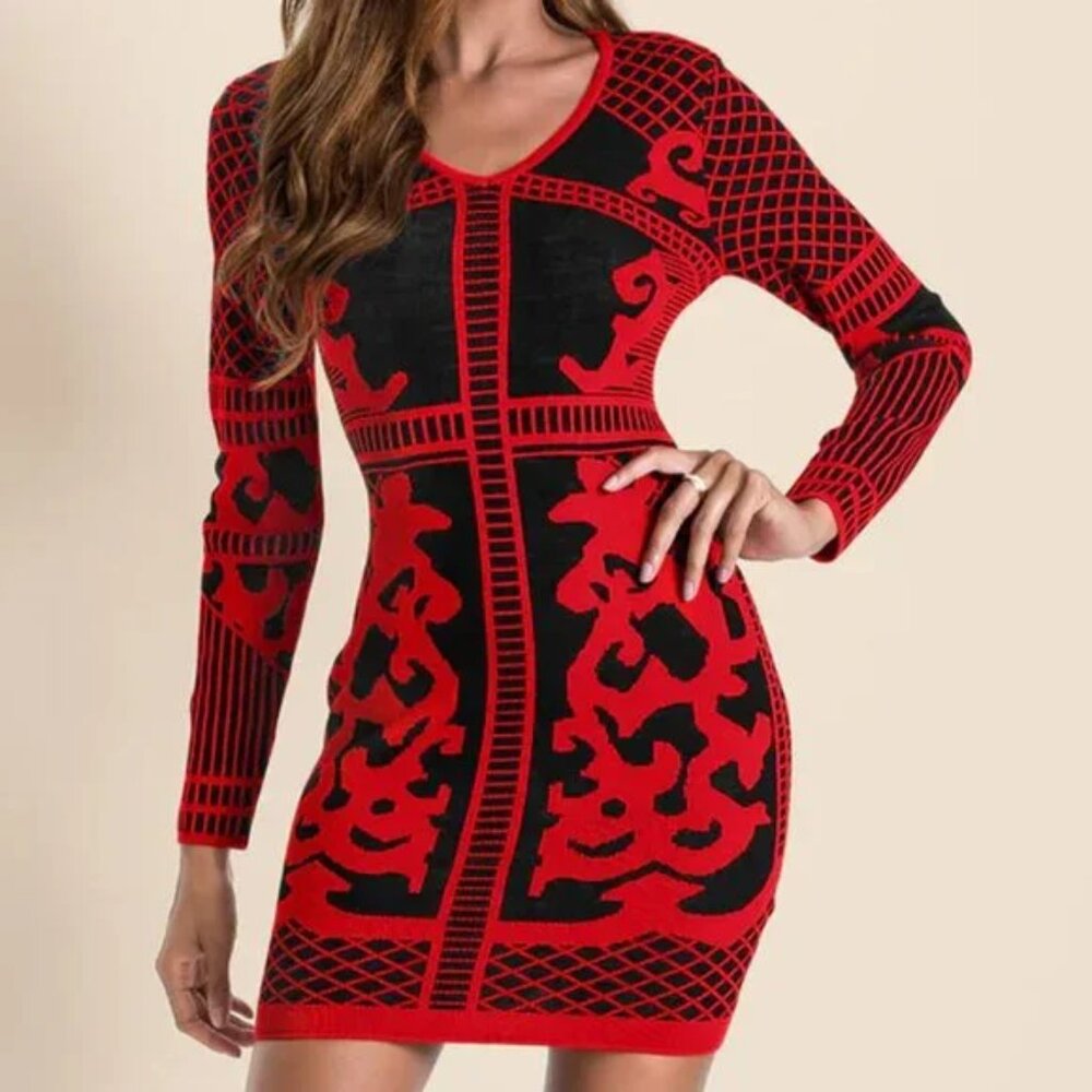 VENUS Red and Black Long-Sleeve Patterned Midi Dress